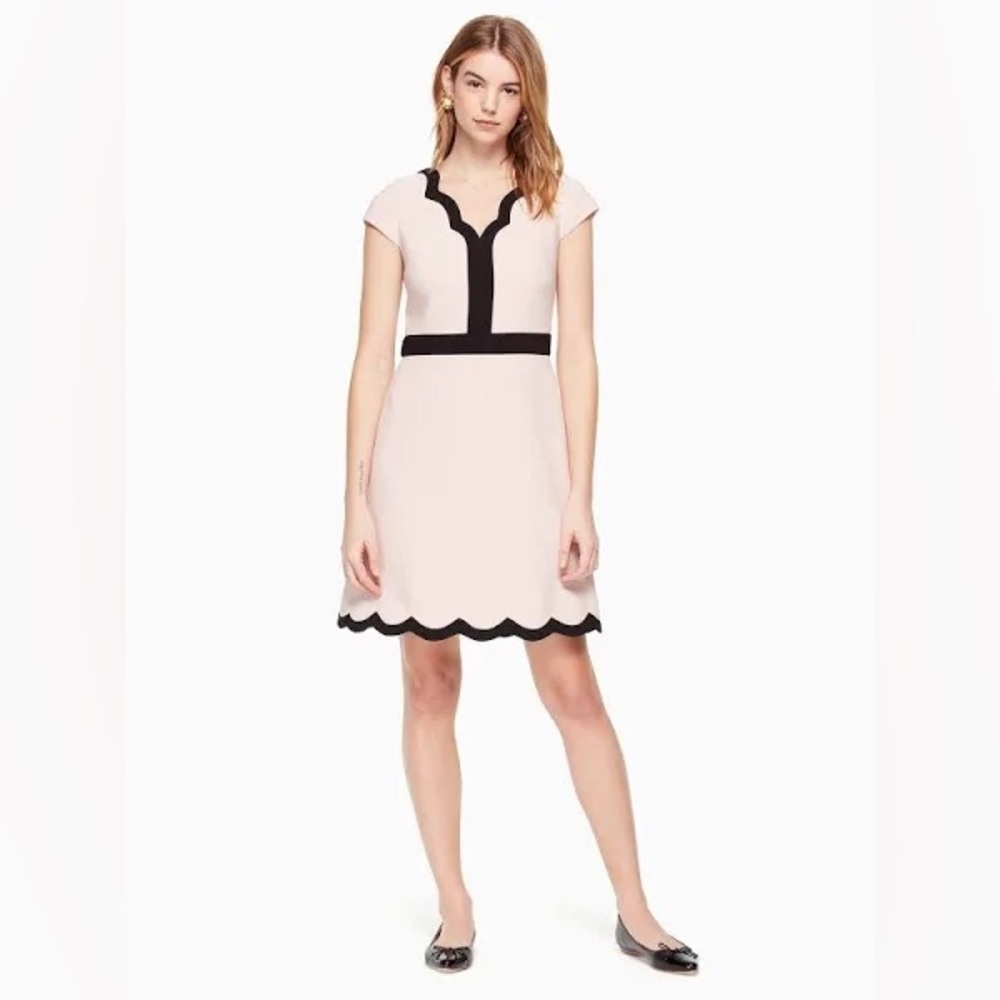 Kate Spade Black Scallop Short Sleeve Dress Cameo Pink Designer Size 8